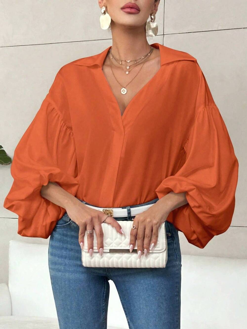 NEW LOVESOFT french half-open collar puff sleeve top in orange